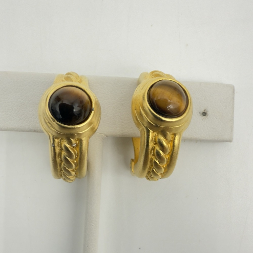 Vtg Charlisle Earrings Designer Mogul Tigers Eye Matte Gold Tone 80'S Clip On